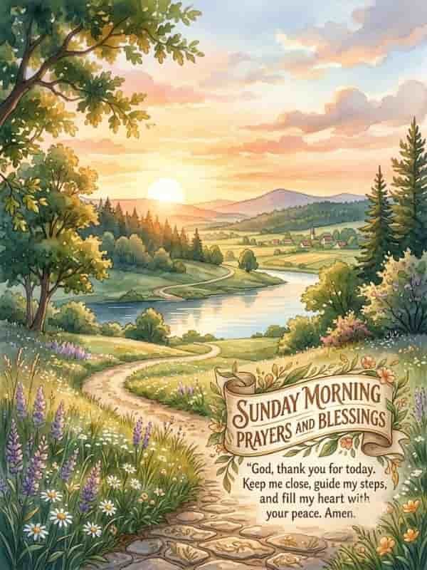 A serene watercolor illustration of a Sunday morning landscape featuring a sunrise over hills, a winding cobblestone path through a wildflower field, and a quiet river. An ornate parchment banner displays the text "Sunday Morning Prayers and Blessings" along with the prayer: "God, thank you for today. Keep me close, guide my steps, and fill my heart with your peace. Amen."