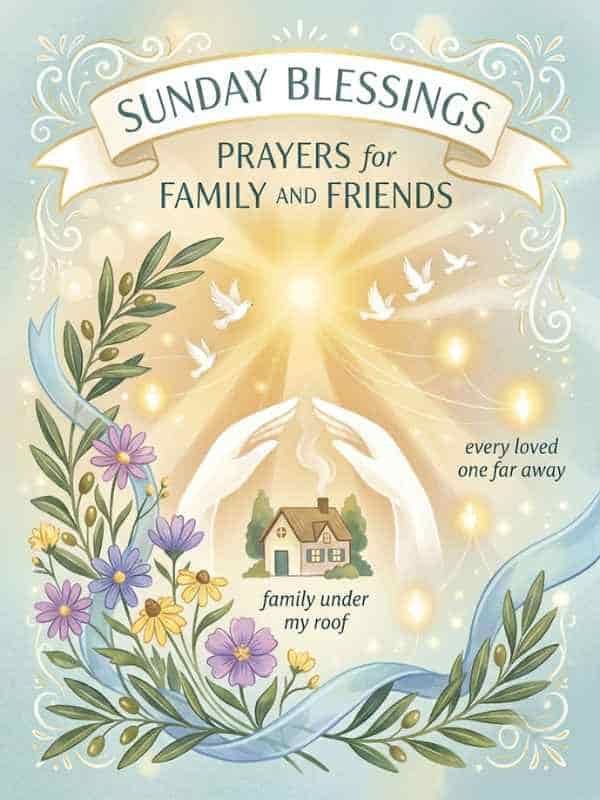 An illustration featuring Sunday blessings and prayers for family and friends, showing a cozy house surrounded by glowing heavenly light, gentle white doves, floral vines, and protective luminous hands under an elegant ribbon banner.
