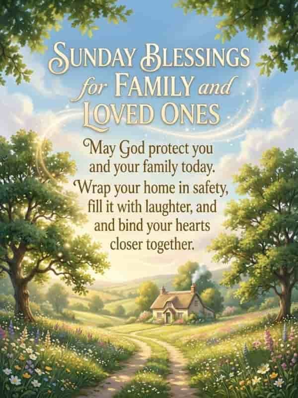 An inspirational Sunday blessing image featuring a peaceful countryside scene with a cozy cottage nestled among lush green trees, rolling hills, and a field of colorful wildflowers, under a soft morning sky. The text reads: "Sunday Blessings for Family and Loved Ones" at the top, followed by "May God protect you and your family today. Wrap your home in safety, fill it with laughter, and bind your hearts closer together."