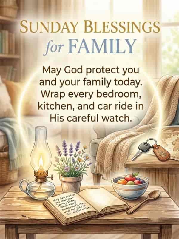 A warm living room with a glowing lantern, a potted lavender plant, a fruit bowl, keys, and an open book with the text: "Sunday Blessings for Family - May God protect you and your family today. Wrap every bedroom, kitchen, and car ride in His careful watch."