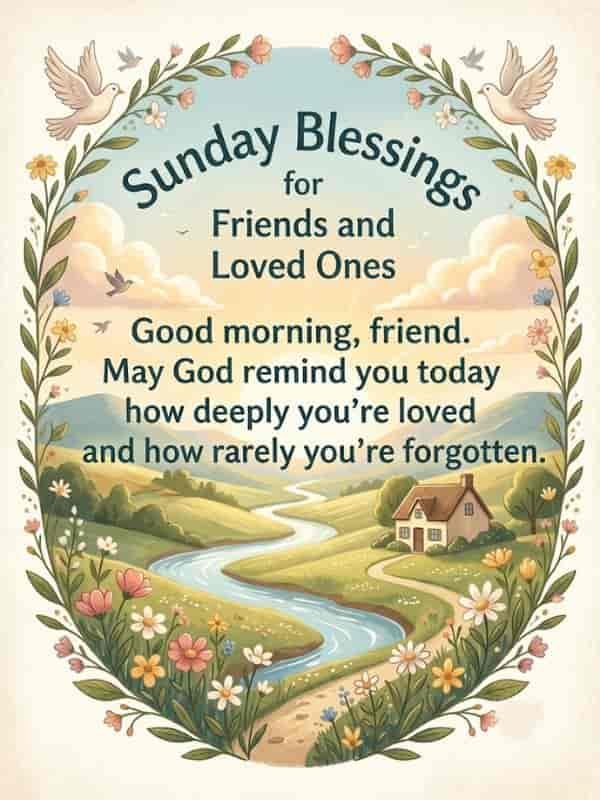 An illustration featuring a peaceful countryside scene framed by a floral border and white doves. At the top, curved dark text reads "Sunday Blessings for Friends and Loved Ones". Below, the text states, "Good morning, friend. May God remind you today how deeply you're loved and how rarely you're forgotten." The landscape includes rolling green hills, a winding river, wildflowers, soft clouds, and a cozy cottage.