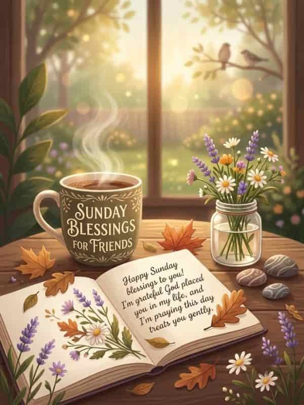 A ceramic coffee mug reading "Sunday Blessings for Friends" rests beside an open book inscribed with a heartfelt prayer on a wooden table, featuring a vase of wildflowers and soft morning sunlight through a window.