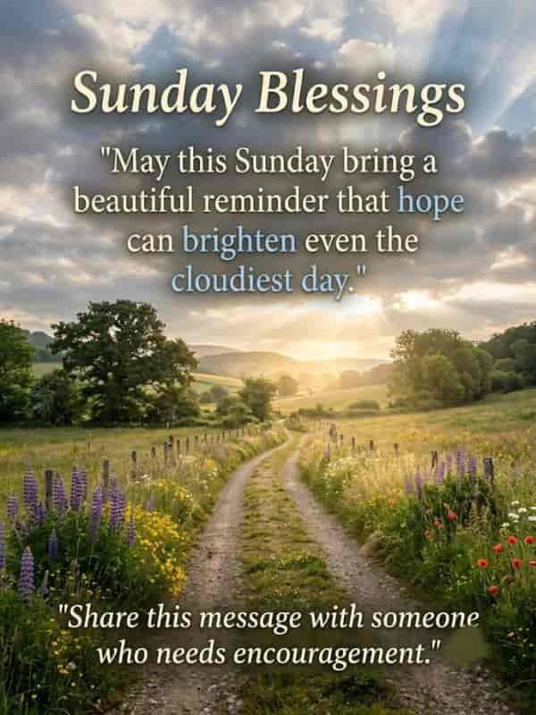 Sunday Blessings image featuring a tranquil countryside dirt path lined with wildflowers under sunlit clouds, displaying the inspirational quote, "May this Sunday bring a beautiful reminder that hope can brighten even the cloudiest day."