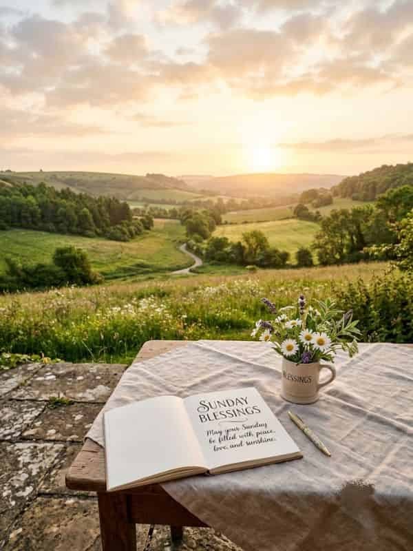A serene countryside landscape at sunrise featuring an open notebook on a rustic outdoor table with the text "Sunday Blessings: May your Sunday be filled with peace, love, and sunshine," alongside a cup of fresh daisies.