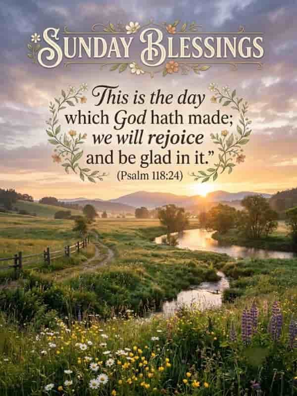Sunday Blessings image featuring Psalm 118:24 scripture text over a tranquil sunrise landscape with a flowing river and wildflowers.