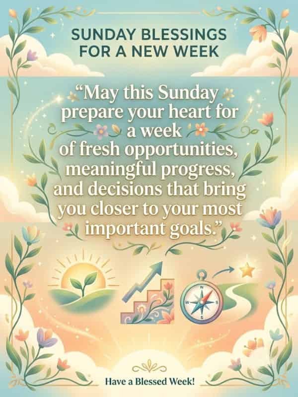 A image featuring Sunday blessing quotes for a new week with elegant floral borders, pastel sunrise tones, and illustrative symbols representing fresh opportunities, growth, and progress.   
