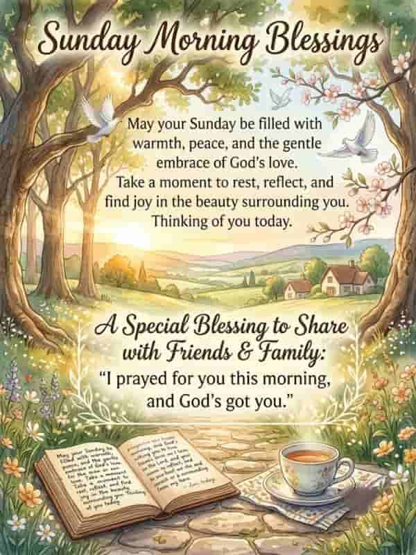 Watercolor illustration of a tranquil countryside scene featuring a pathway surrounded by lush trees, wild flowers, an open book, and a warm cup of tea. The image includes decorative text with Sunday morning blessing messages for friends and family.