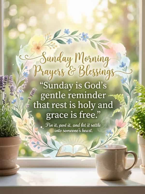 A serene Sunday morning windowsill display with potted plants, a steaming coffee mug, and an open Bible surrounded by a delicate pastel watercolor floral wreath featuring the quote, "Sunday is God's gentle reminder that rest is holy and grace is free."