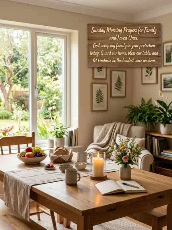 A cozy dining table set for Sunday morning with a bowl of fresh fruit, bread basket, coffee mugs, a glowing candle, and a vase of wildflowers, with a wooden sign on the wall reading "Sunday Morning Prayers for Family and Loved Ones. God, wrap my family in your protection today. Guard our home, bless our table, and let kindness be the loudest voice we hear."