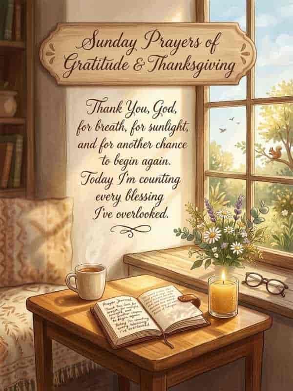 An warm, sunlit interior featuring a wooden sign with "Sunday Prayers of Gratitude & Thanksgiving" above a wall inscribed with a prayer. Below, a small table holds a warm cup of coffee, a glowing candle, glasses, and an open prayer journal near a window filled with wildflowers.