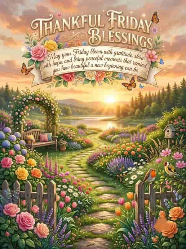 Blooming garden pathway at sunrise with the quote "Thankful Friday Blessings" on a decorative banner.