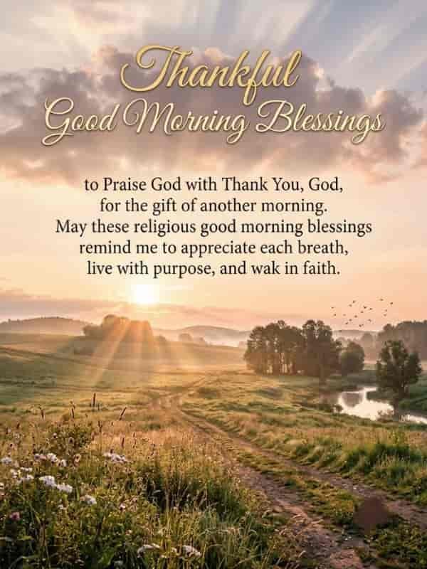 A serene morning landscape with sunbeams breaking through soft clouds over a dirt path through lush green fields, featuring the text "Thankful Good Morning Blessings to Praise God with Thank You, God, for the gift of another morning..."