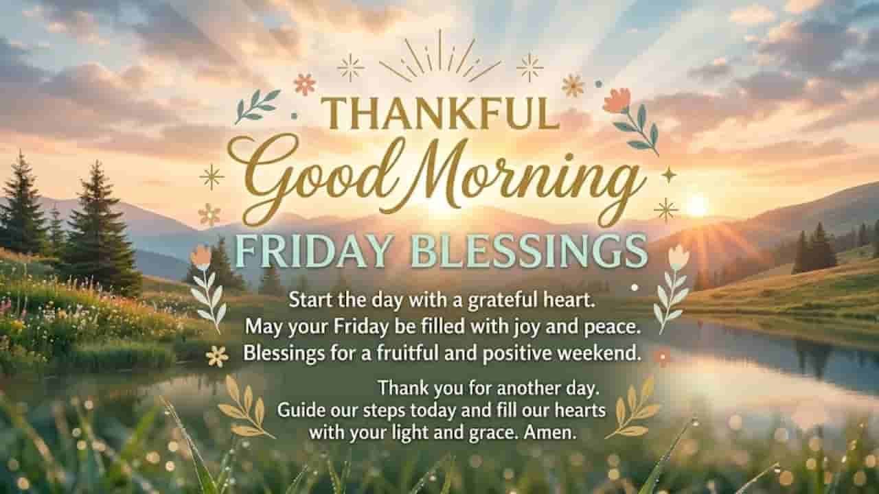 A peaceful sunrise scene over a calm lake and pine tree-covered hills, featuring decorative floral frame graphics and text that reads "Thankful Good Morning Friday Blessings" along with inspirational quotes and a short morning prayer.
