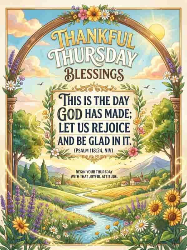 A colorful illustration features the text "Thankful Thursday Blessings" framed by a floral arch above Psalm 118:24, "This is the day God has made; let us rejoice and be glad in it". Below the verse, text reads, "Begin your Thursday with that joyful attitude," set against a scenic landscape with rolling hills, a winding river, and vibrant wildflowers under a sunny sky.