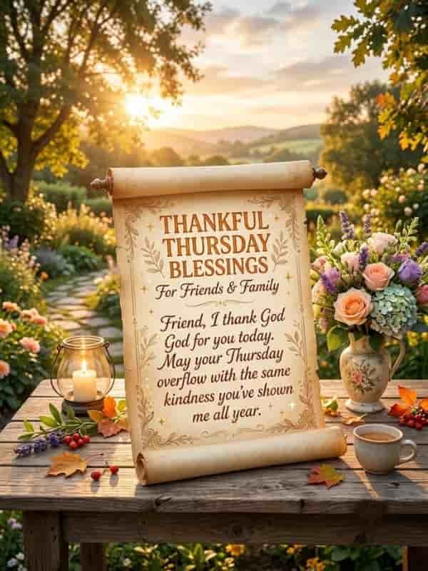 A vintage scroll displayed on a rustic wooden table in a sunlit garden, featuring the text "Thankful Thursday Blessings For Friends & Family" alongside a warm, appreciative message. The table is arranged with a vase of fresh flowers, a glowing lantern, a cup of tea, and autumn leaves.