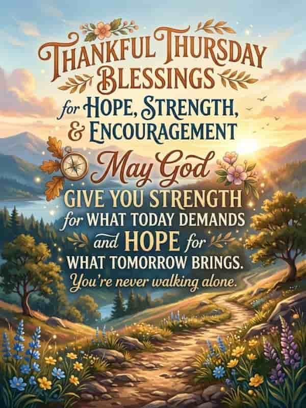 A winding dirt path through a sunlit mountain landscape framed by vibrant wildflowers, featuring elegant typography with the text "Thankful Thursday Blessings for Hope, Strength, and Encouragement" and "May God give you strength for what today demands and hope for what tomorrow brings. You're never walking alone."