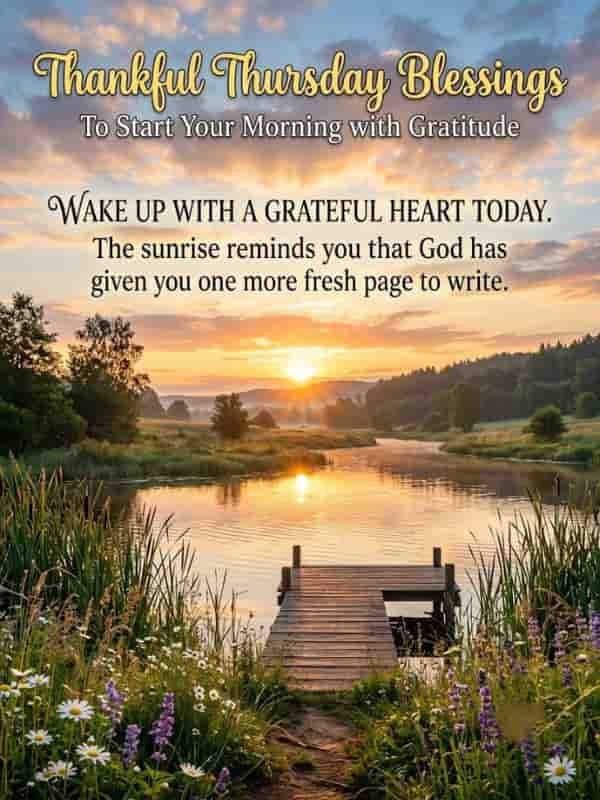 A serene morning landscape with a golden sunrise over a calm river and wooden dock, featuring the text "Thankful Thursday Blessings To Start Your Morning with Gratitude" and an inspirational quote about starting the day with a grateful heart.