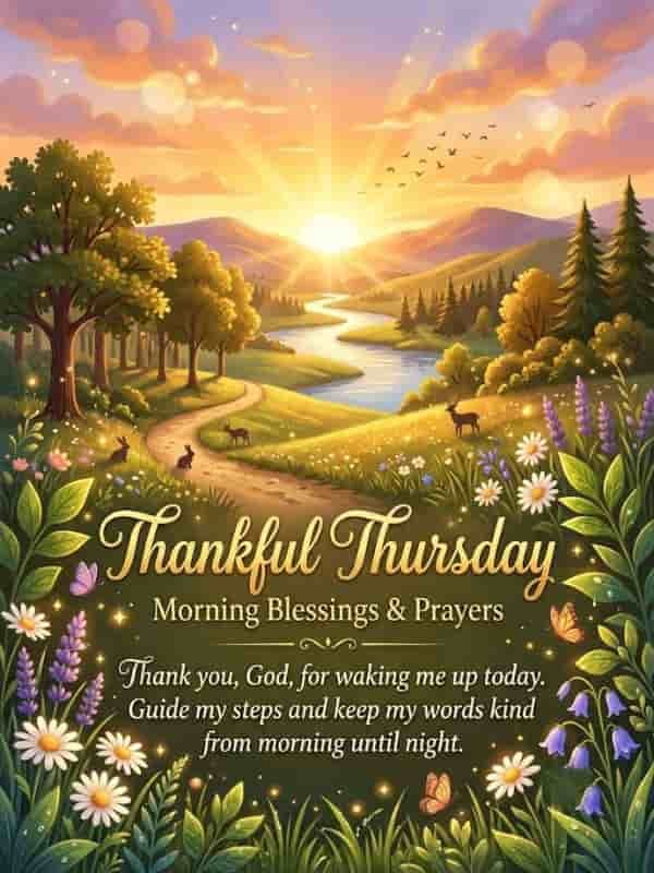 A Thankful Thursday morning blessing image featuring a serene sunrise over rolling hills, a winding path, and a lush wildflower meadow, with elegant typography reading, "Thankful Thursday Morning Blessings & Prayers" and "Thank you, God, for waking me up today. Guide my steps and keep my words kind from morning until night."