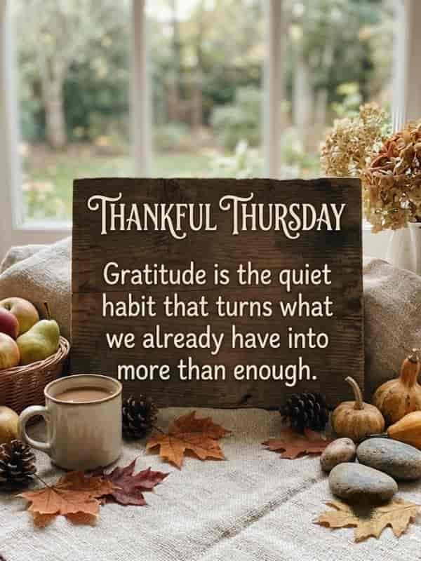 A rustic wooden board with the words "THANKFUL THURSDAY" and the quote "Gratitude is the quiet habit that turns what we already have into more than enough." It sits on a table alongside a warm cup of coffee, autumn leaves, pinecones, and a basket of apples.