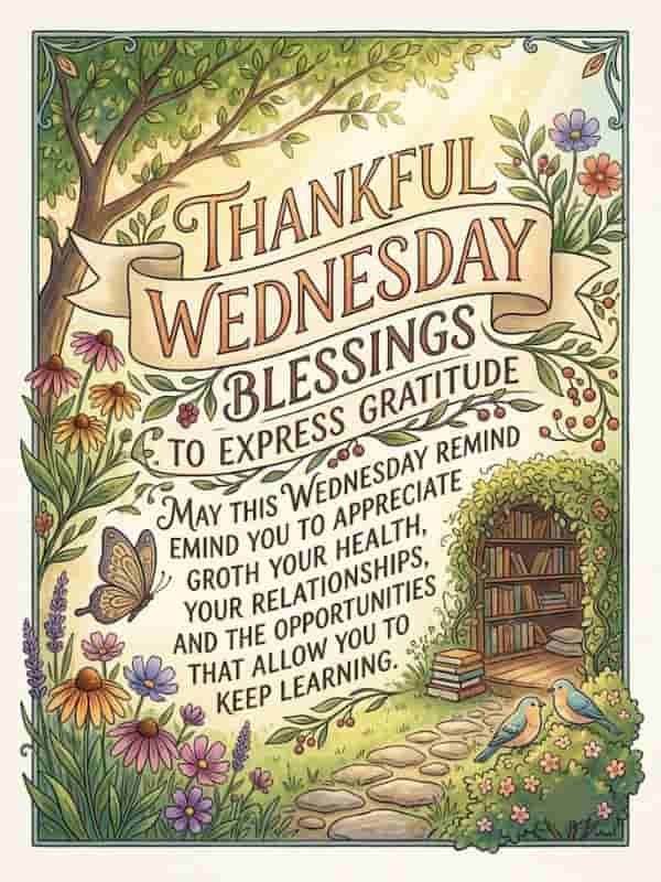 A colorful illustrated quote graphic featuring garden flowers, a butterfly, birds, and an archway filled with books, accompanied by the message "Thankful Wednesday Blessings to Express Gratitude" and a quote about appreciating health, relationships, and learning.