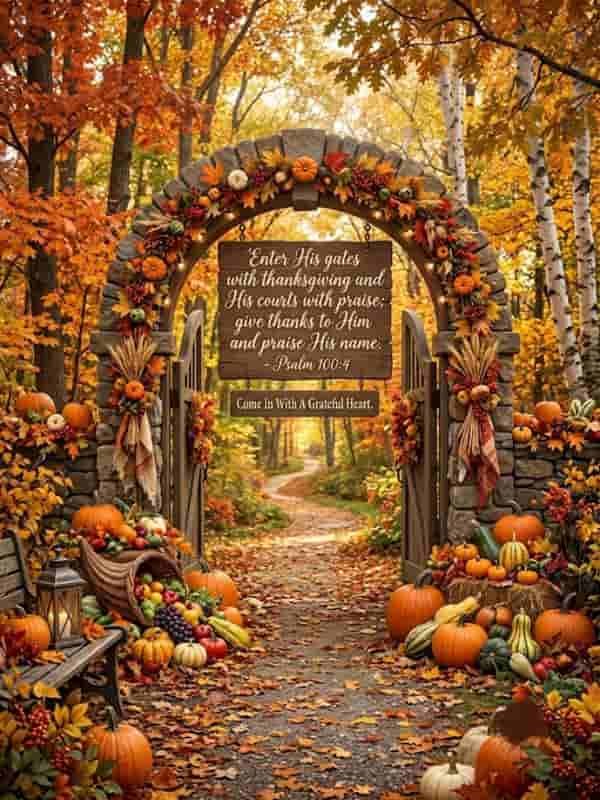 A rustic stone archway decorated with autumn foliage, pumpkins, and a cornucopia, framing a serene leaf-covered forest path. Hanging within the arch is a wooden sign featuring Psalm 100:4 text and "Come In With A Grateful Heart."