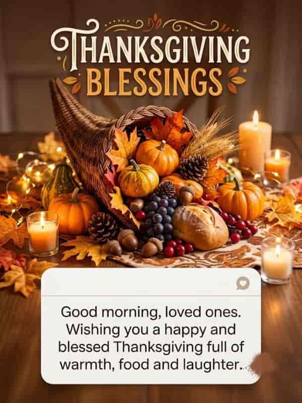 A Thanksgiving holiday background featuring a cornucopia filled with pumpkins, gourds, grapes, bread, acorns, and autumn leaves, lit by warm candles, with an overlay message bubble that reads: "Good morning, loved ones. Wishing you a happy and blessed Thanksgiving full of warmth, food and laughter."