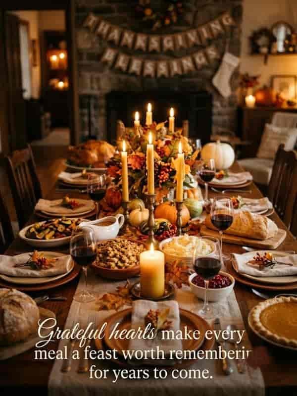 A warmly lit Thanksgiving dinner table set with a feast, featuring candles, autumn decorations, a banner reading 'Thanksgiving Blessings,' and the quote, 'Grateful hearts make every meal a feast worth remembering for years to come.'