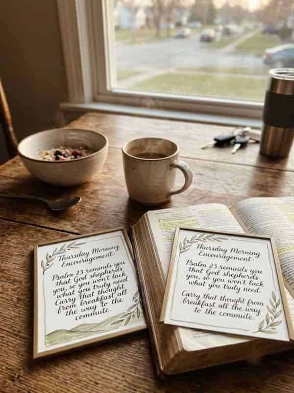 An open Bible and framed cards with Psalm 23 morning encouragement on a wooden table beside coffee, breakfast, and car keys near a window.