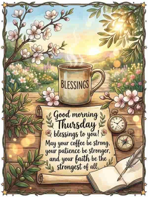 A mug of hot coffee with the word "BLESSINGS" printed on it sits on a wooden surface beside a vintage scroll. The scroll features the message: "Good morning Thursday blessings to you! May your coffee be strong, your patience be stronger, and your faith be the strongest of all." Surrounded by blooming cherry blossoms, olive branches, an open journal with a feather quill, a pocket watch, a compass, and a serene morning sunrise background.