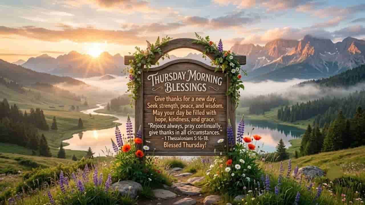 A rustic wooden sign reading "Thursday Morning Blessings" surrounded by wildflowers in a scenic alpine mountain valley at sunrise "thursday morning blessings and prayers".