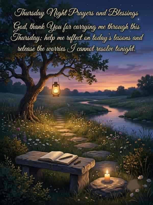 Here are a few SEO-friendly alt text options for your image, ranging from concise to descriptive, along with a suggested keyword-rich file name:
Peaceful evening landscape featuring a lit lantern hanging from a large tree beside a winding stream, an open journal on a stone bench, and gold text with a Thursday night prayer.