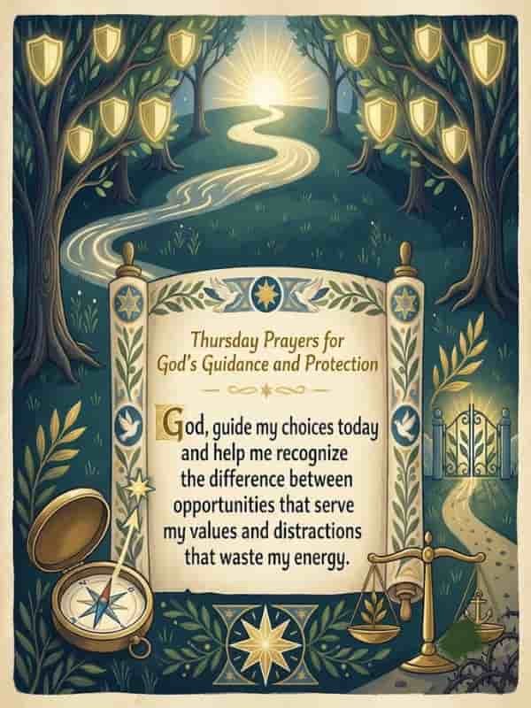 A decorative scroll featuring the title "Thursday Prayers for God’s Guidance and Protection" and an inspirational prayer asking for wisdom to distinguish opportunities from distractions. The illuminated scroll is surrounded by symbolic elements including a vintage brass compass pointing along a winding path, glowing shields suspended in surrounding trees, a scale balancing an olive branch and an anchor, and a glowing garden gate.