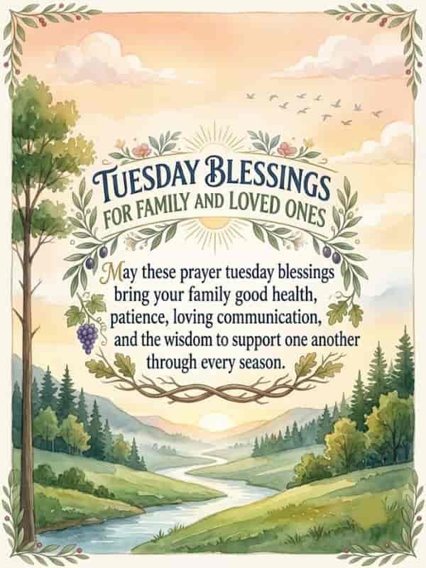 A watercolor illustration with a peaceful nature landscape featuring the text "Tuesday Blessings For Family and Loved Ones" along with a prayer for good health, patience, loving communication, and wisdom.