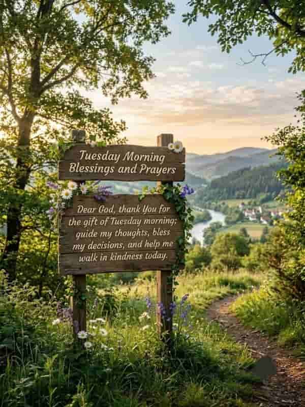 Rustic wooden sign nestled in a lush, green countryside landscape with flowers and a winding path, featuring the text "Tuesday Morning Blessings and Prayers" and a morning prayer about guidance, decisions, and kindness.