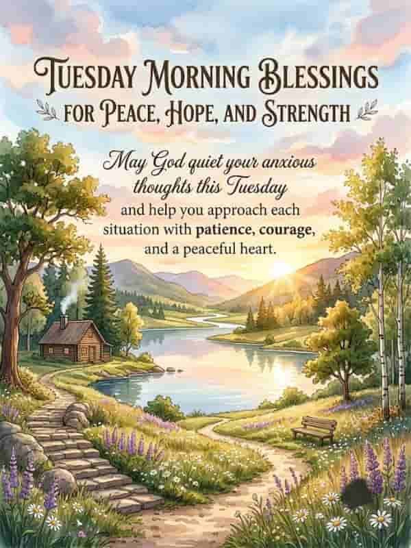 Tuesday morning blessing card featuring a peaceful sunrise over a calm lake, cozy cabin, and wildflower path with inspirational text for peace, hope, and strength.