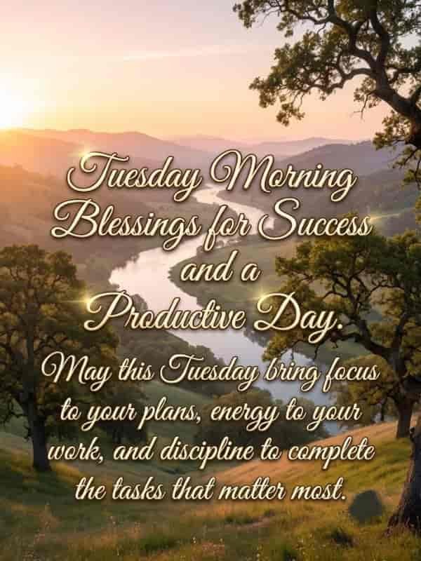 Sunrise over rolling green hills and a winding river with an overlay text that reads, "Tuesday Morning Blessings for Success and a Productive Day. May this Tuesday bring focus to your plans, energy to your work, and discipline to complete the tasks that matter most."