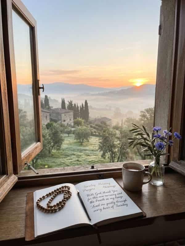 Illustrated Tuesday morning blessing image featuring a peaceful sunrise over rolling hills and a winding river framed by floral borders, with the text "Good Morning Tuesday Blessings" and an uplifting quote.