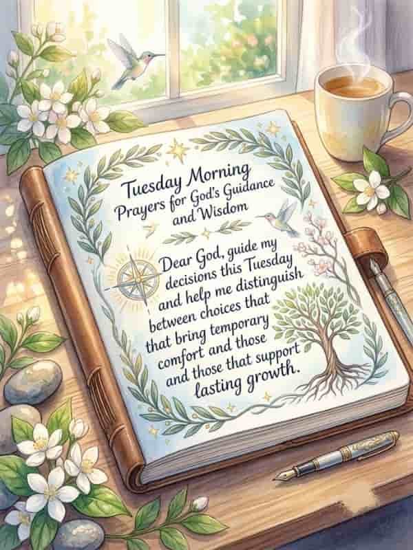 A open journal on a wooden desk displaying a written prayer titled "Tuesday Morning Prayers for God's Guidance and Wisdom" framed with delicate green leafy vines, a compass, and a growing tree.