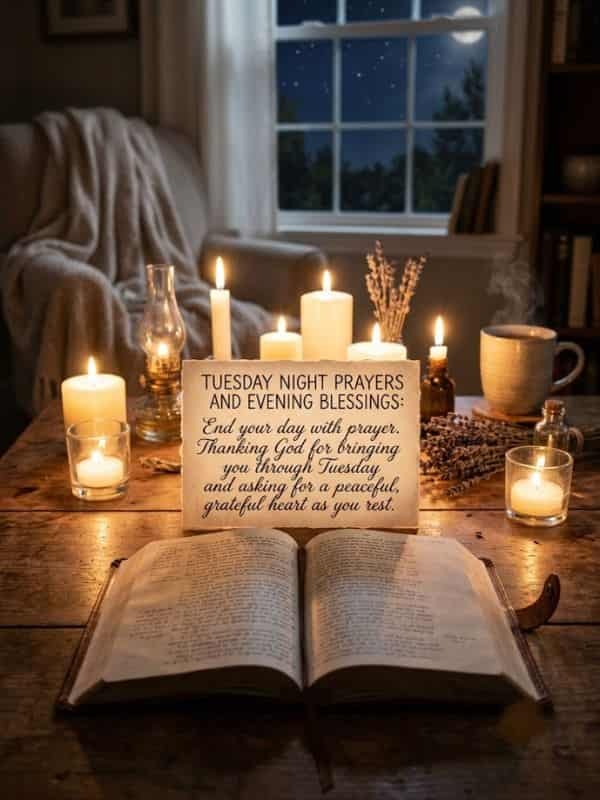 An open Bible, glowing candles, and a quote card for Tuesday night prayers on a rustic wooden table.