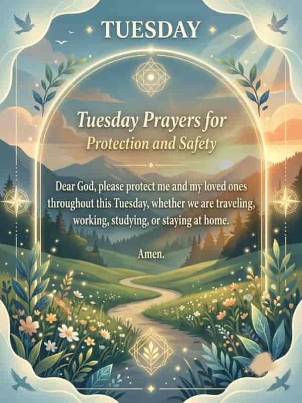Serene landscape graphic with a scenic mountain path, flowers, birds, and Tuesday prayers for protection and safety message.