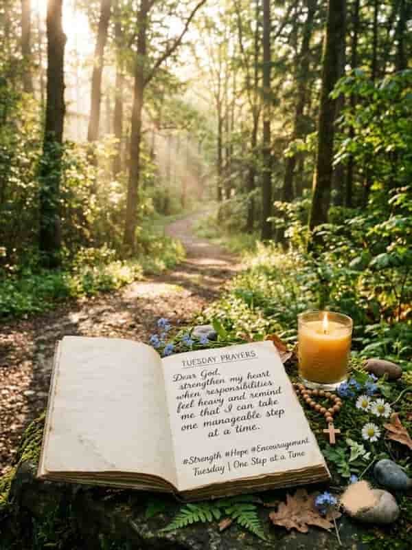 Open journal with a Tuesday prayer for strength and encouragement next to a glowing candle on a forest path.