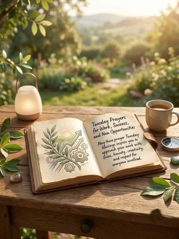 An open vintage book resting on a wooden table outdoors, displaying the handwritten text "Tuesday Prayers for Work, Success, and New Opportunities" alongside an illustration of a sunrise, leaves, gears, and upward arrows.