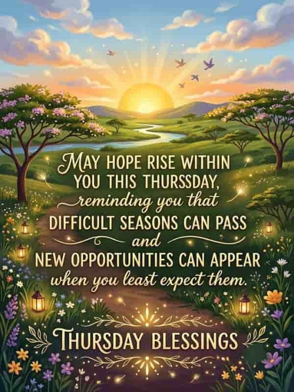 An uplifting Thursday Blessings image featuring a glowing golden sunrise over a lush green landscape with a winding river, blooming flowers, and soft glowing lanterns along a pathway. Elegant typography reads, "May hope rise within you this Thursday, reminding you that difficult seasons can pass and new opportunities can appear when you least expect them" above "THURSDAY BLESSINGS".