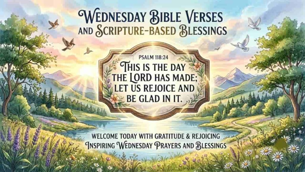 A watercolor illustration featuring a sunrise over a peaceful lake and mountains with the text "Wednesday Bible Verses and Scripture-Based Blessings" at the top. Center stage is a framed wooden plaque displaying Psalm 118:24: "This is the day the Lord has made; let us rejoice and be glad in it." Below, the text reads "Welcome today with gratitude & rejoicing: Inspiring Wednesday Prayers and Blessings."