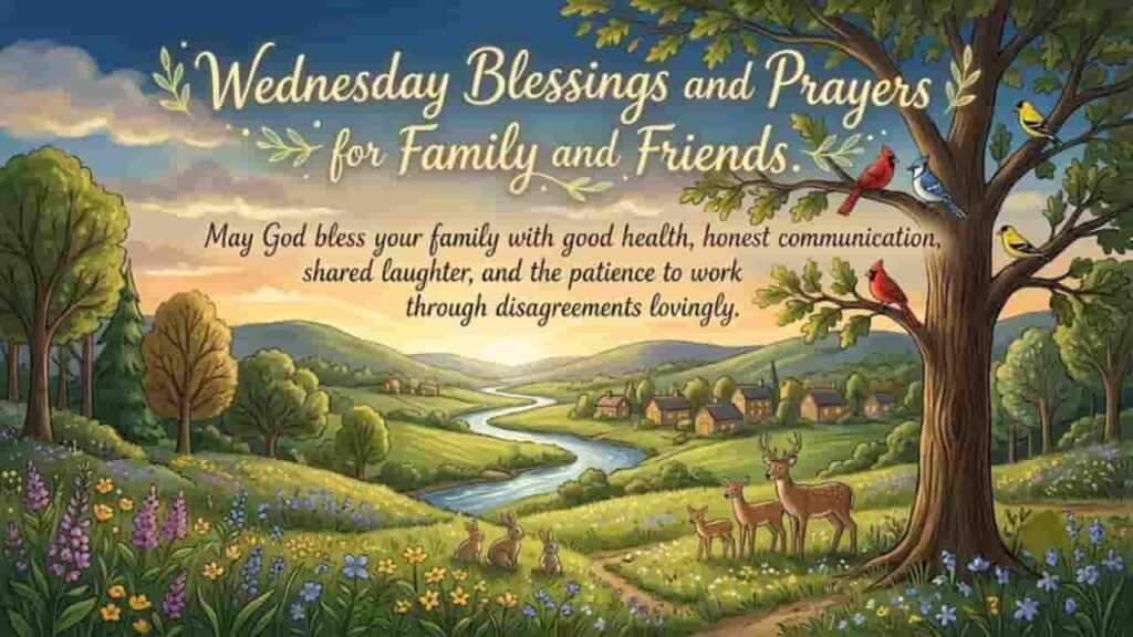 Illustrated Wednesday blessings graphic with a peaceful countryside landscape, winding river, deer, birds in a oak tree, and text reading "May God bless your family with good health, honest communication, shared laughter, and patience."