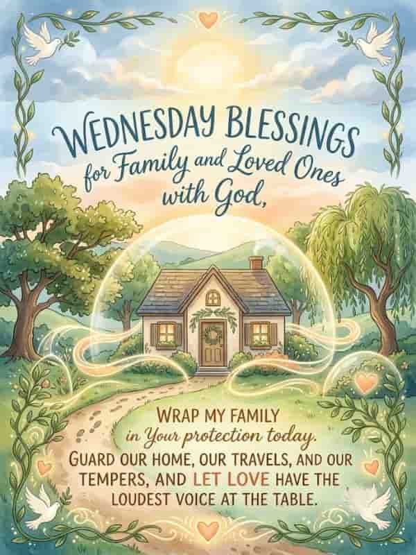 A serene watercolor image featuring a cozy cottage surrounded by lush greenery, peaceful paths, and white doves carrying olive branches, framed with delicate vines and warm hearts. The image displays the inspirational text: "Wednesday Blessings for Family and Loved Ones with God, wrap my family in Your protection today. Guard our home, our travels, and our tempers, and let love have the loudest voice at the table."
