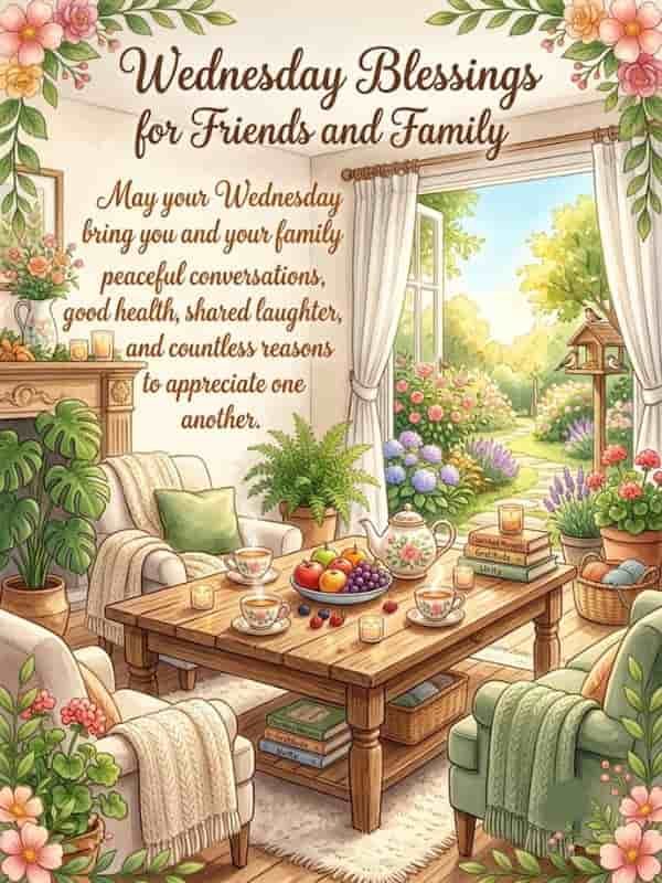 A cozy living room setting with tea cups, fruit, candles, and books on a wooden table, opening up to a sunny garden, framed by floral decorations and featuring the text "Wednesday Blessings for Friends and Family" along with a heartfelt message.