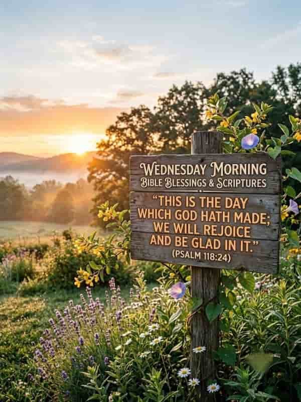 A wooden sign set in a sunlit meadow featuring the text "Wednesday Morning Bible Blessings & Scriptures" above "This is the day which God hath made; we will rejoice and be glad in it." (Psalm 118:24).