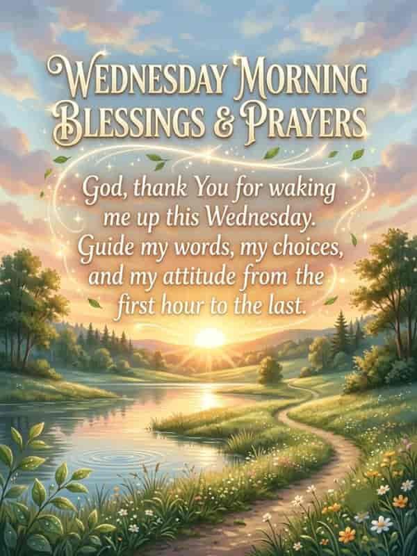 A sunrise over a tranquil river and winding path framed by lush trees and wildflowers, featuring the text "Wednesday Morning Blessings & Prayers" with a morning prayer asking God for guidance.