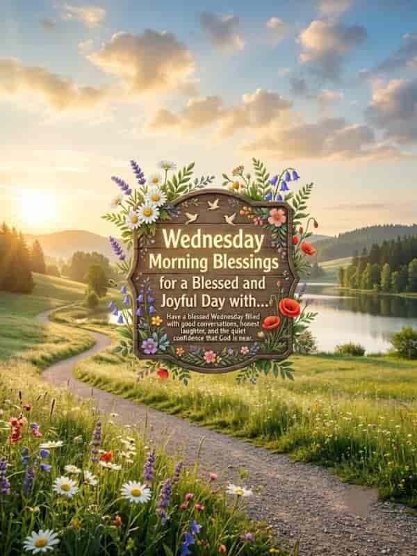 A rustic wooden sign framed with colorful wildflowers and doves sits amidst a lush green meadow, featuring the text "Wednesday Morning Blessings for a Blessed and Joyful Day" along with an inspirational morning message.